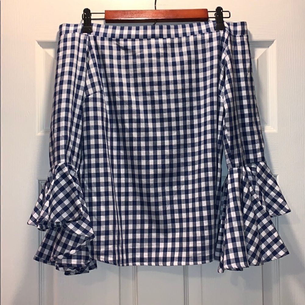 ✨G by Giuliana Navy Gingham Off the shoulder top